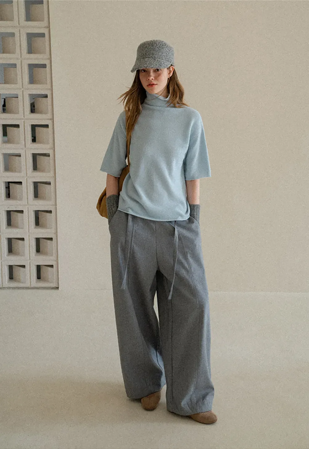 High Neck Short Sleeve Woolen Knit Sweater