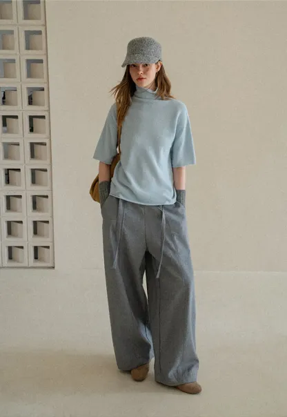 High Neck Short Sleeve Woolen Knit Sweater