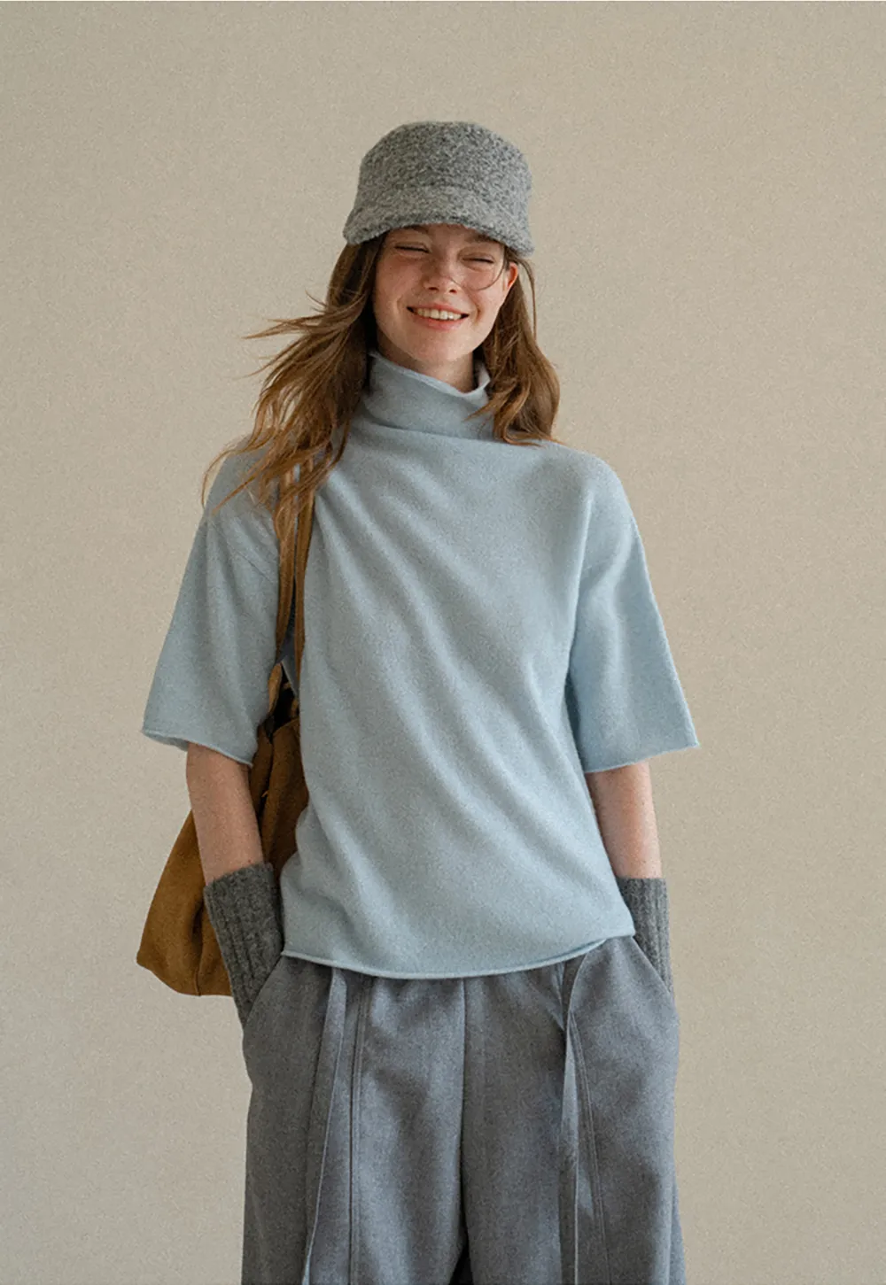 High Neck Short Sleeve Woolen Knit Sweater