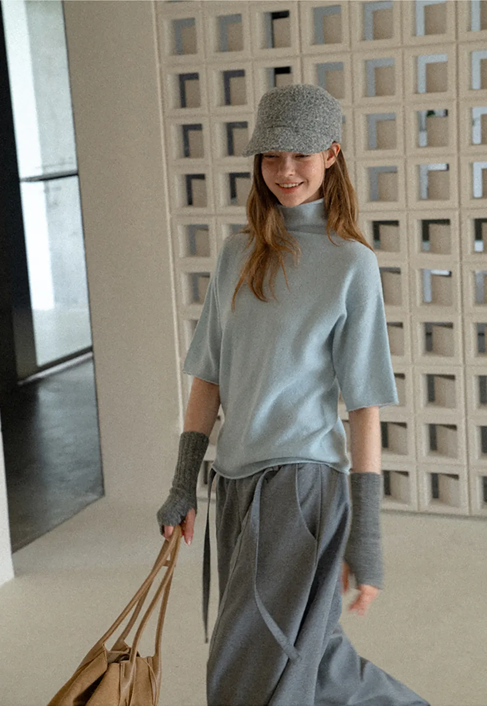 High Neck Short Sleeve Woolen Knit Sweater