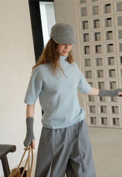 High Neck Short Sleeve Woolen Knit Sweater
