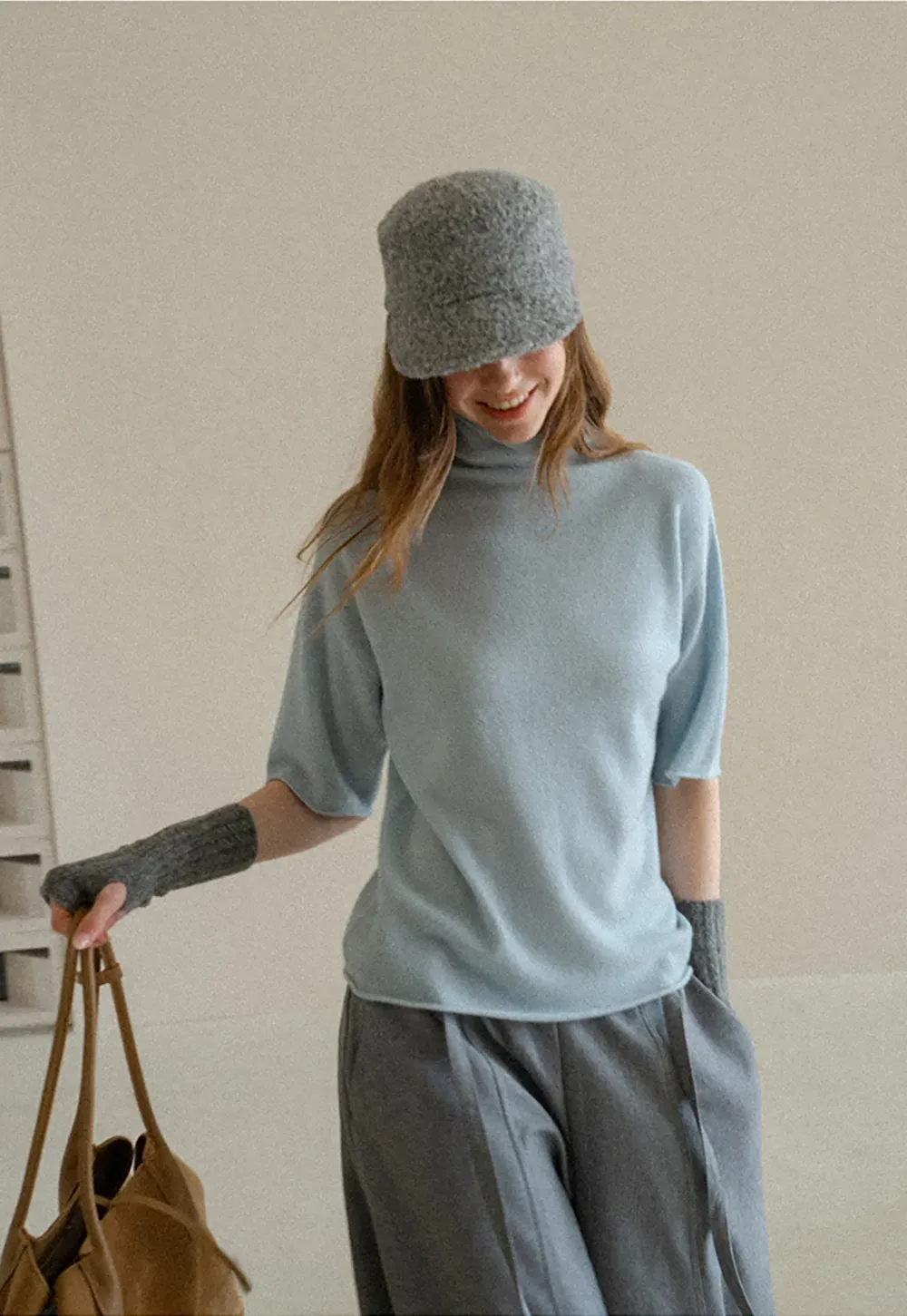 High Neck Short Sleeve Woolen Knit Sweater