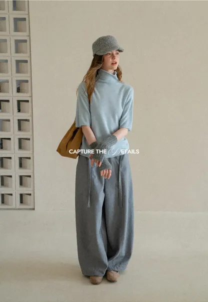 High Neck Short Sleeve Woolen Knit Sweater