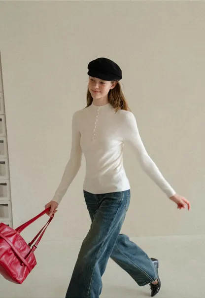 Button Detail Ribbed Knit Sweater