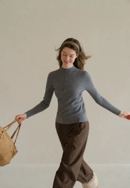 Button Detail Ribbed Knit Sweater