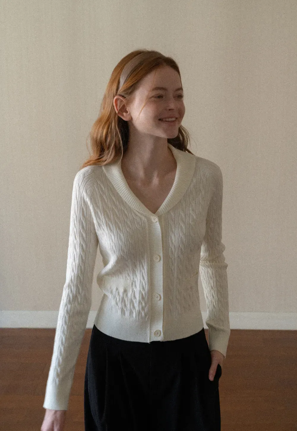 Cable Knit V Neck Button Front Cardigan