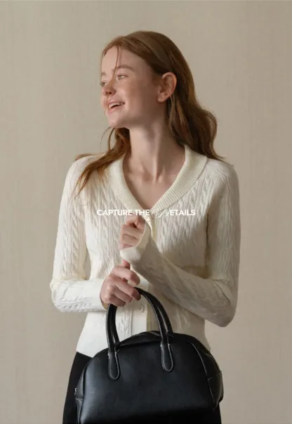 Cable Knit V Neck Button Front Cardigan