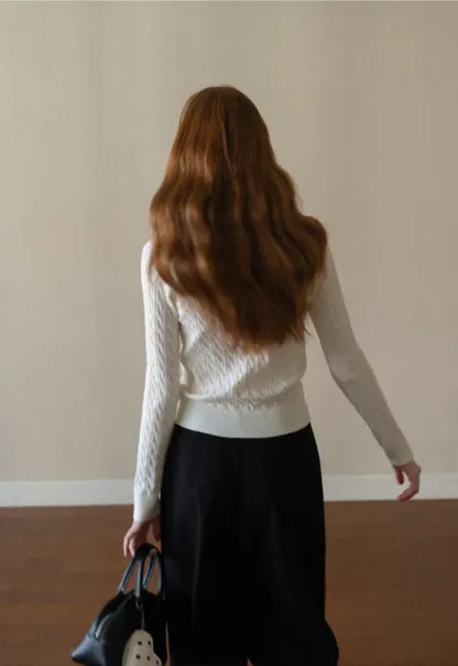 Cable Knit V Neck Button Front Cardigan