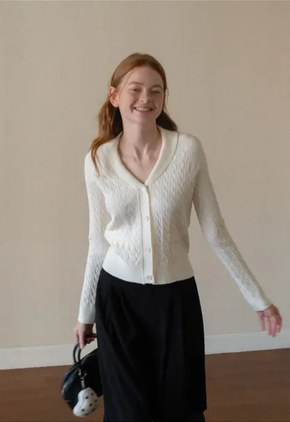 Cable Knit V Neck Button Front Cardigan