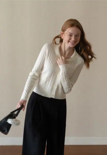 Cable Knit V Neck Button Front Cardigan