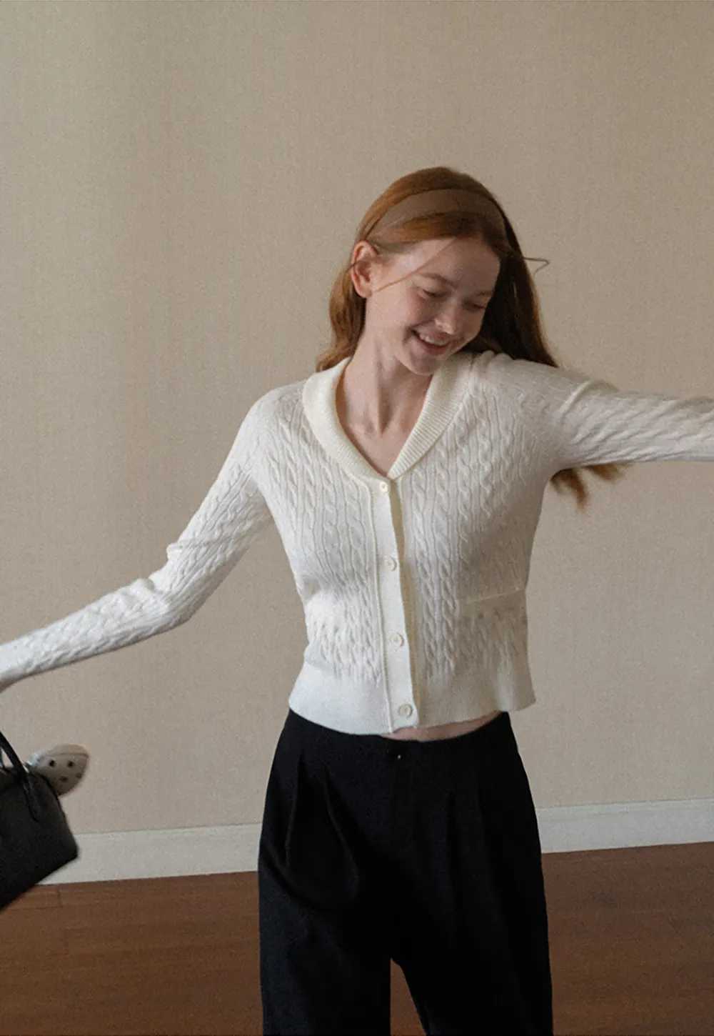 Cable Knit V Neck Button Front Cardigan
