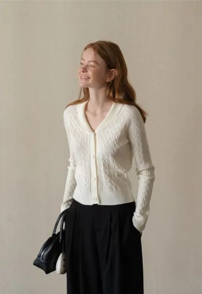 Cable Knit V Neck Button Front Cardigan