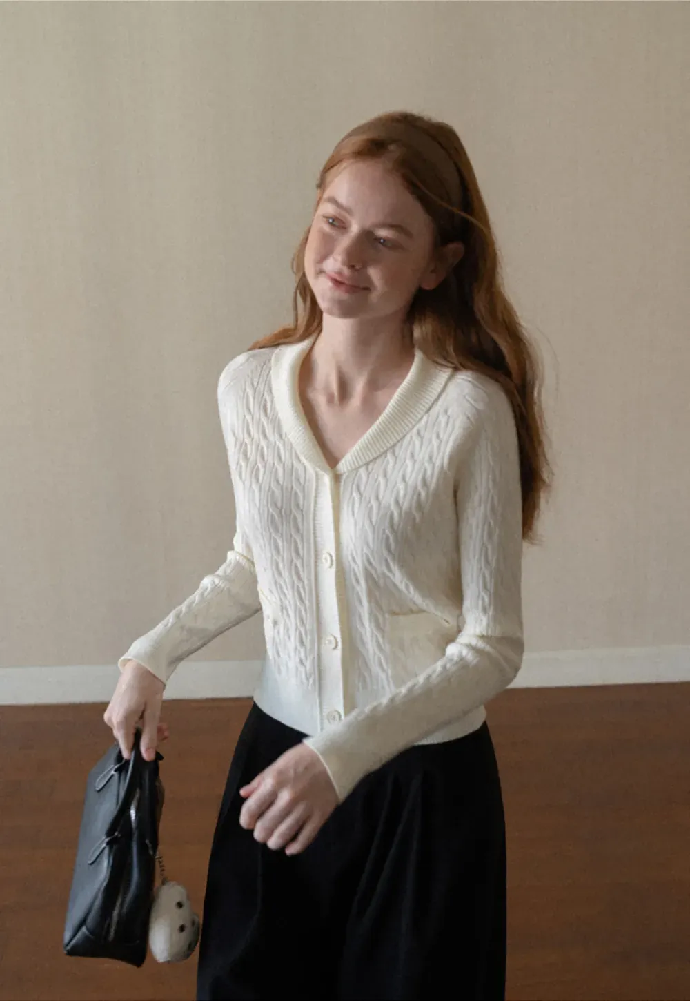 Cable Knit V Neck Button Front Cardigan
