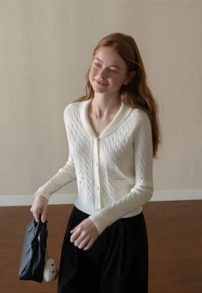 Cable Knit V Neck Button Front Cardigan