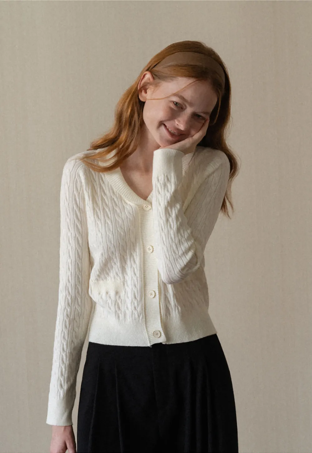 Cable Knit V Neck Button Front Cardigan