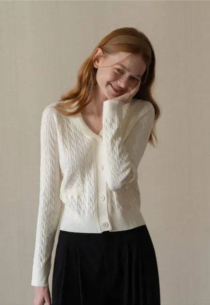 Cable Knit V Neck Button Front Cardigan