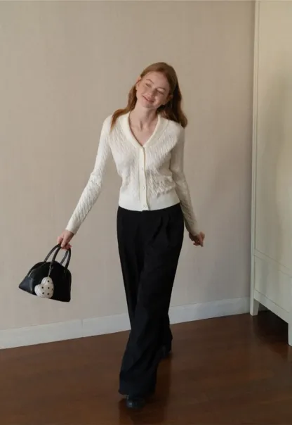 Cable Knit V Neck Button Front Cardigan