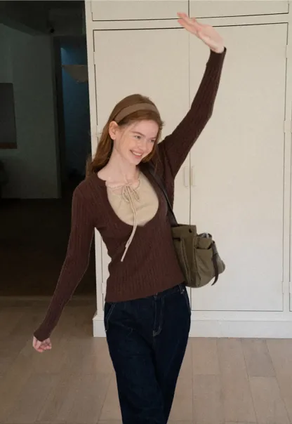 Lace Up Detail Ribbed Knit Sweater