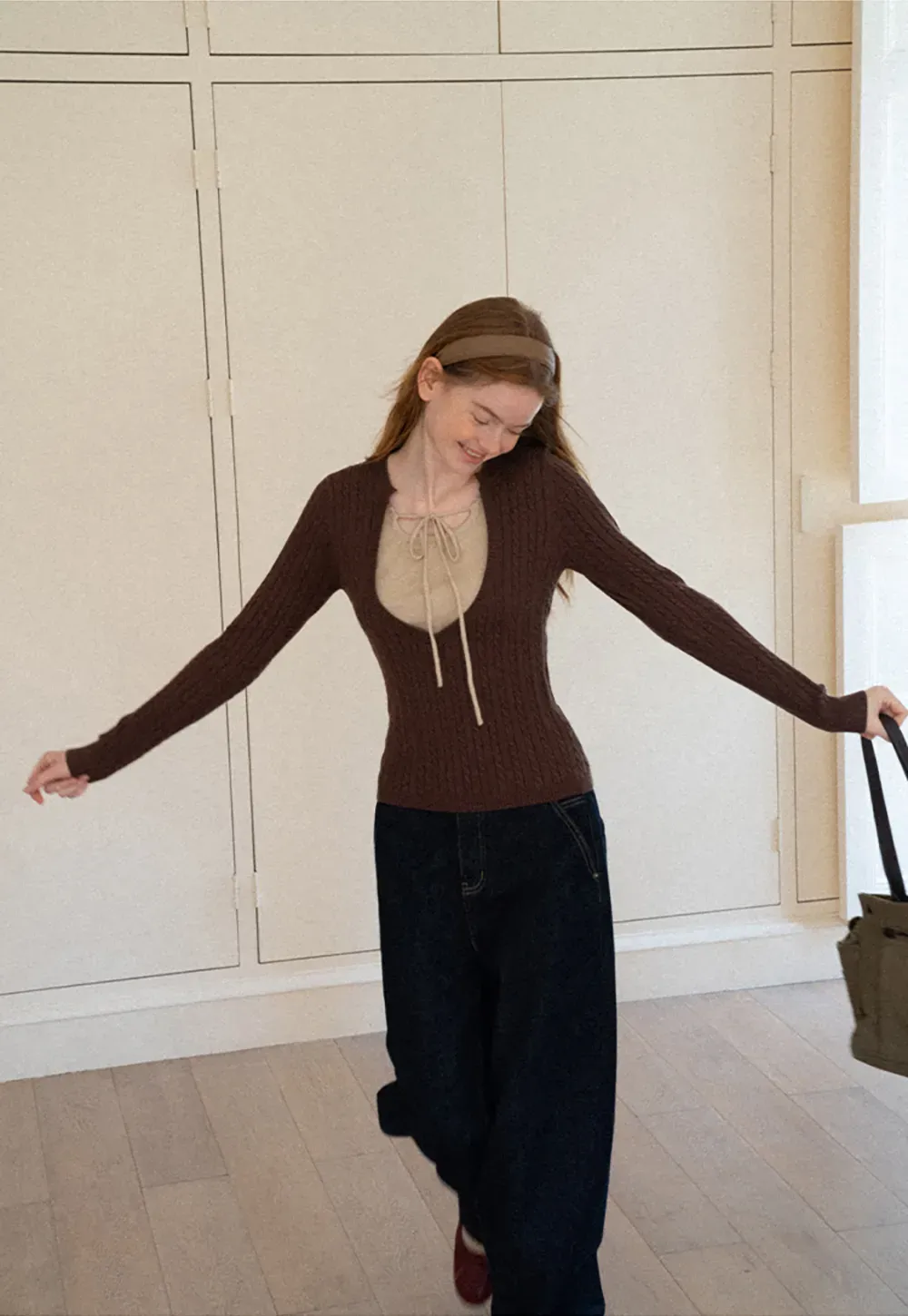 Lace Up Detail Ribbed Knit Sweater
