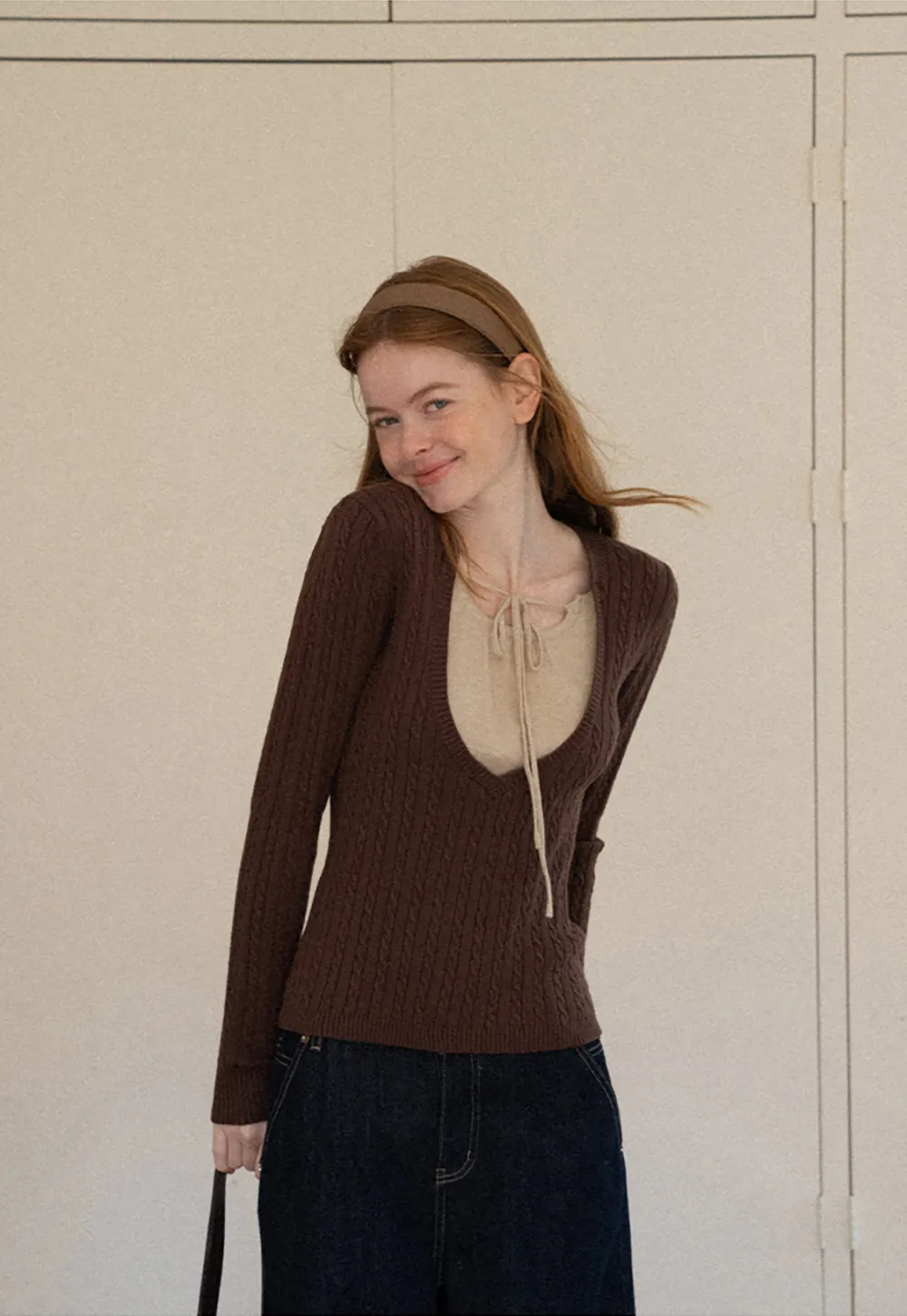 Lace Up Detail Ribbed Knit Sweater