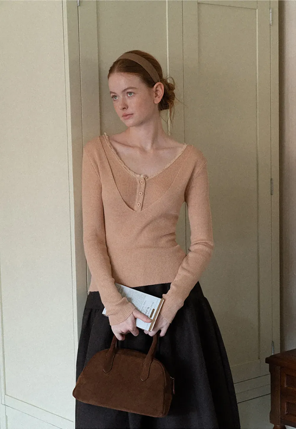 Lace Trim V Neck Ribbed Knit Sweater