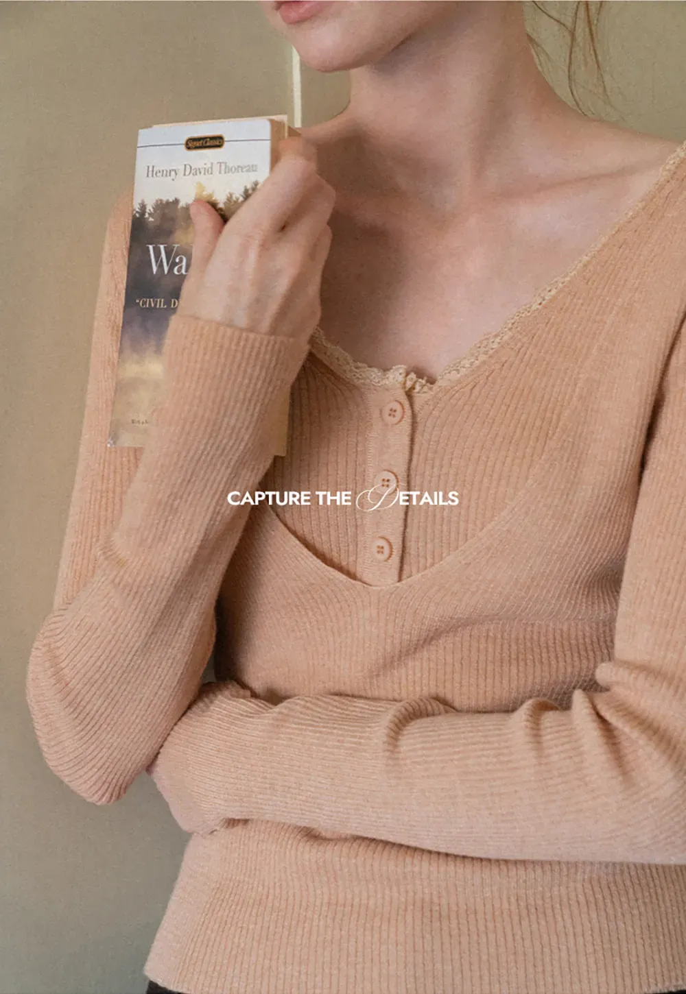 Lace Trim V Neck Ribbed Knit Sweater