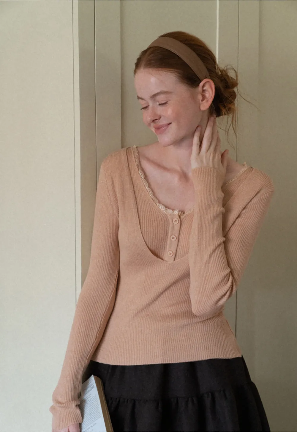 Lace Trim V Neck Ribbed Knit Sweater