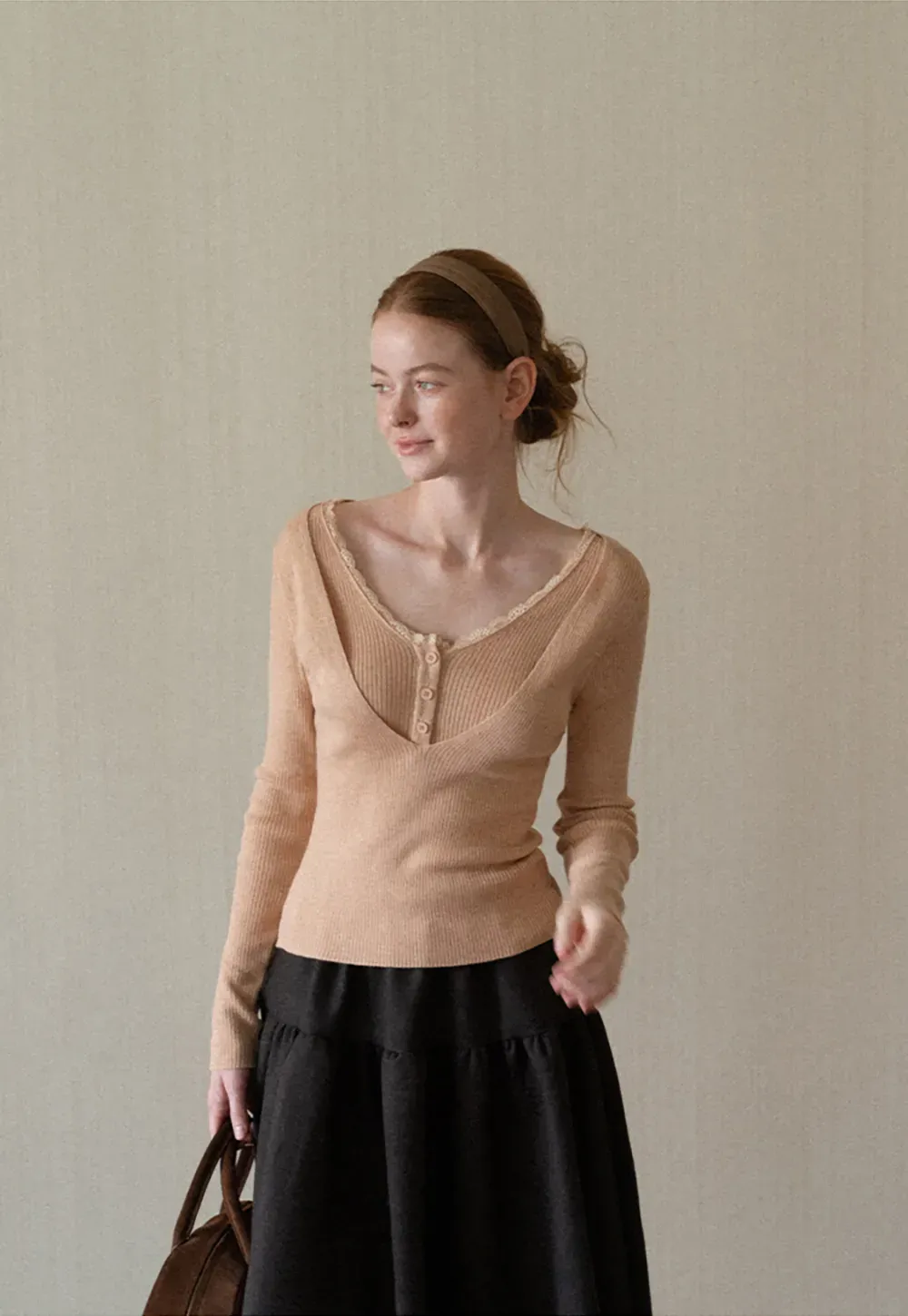 Lace Trim V Neck Ribbed Knit Sweater
