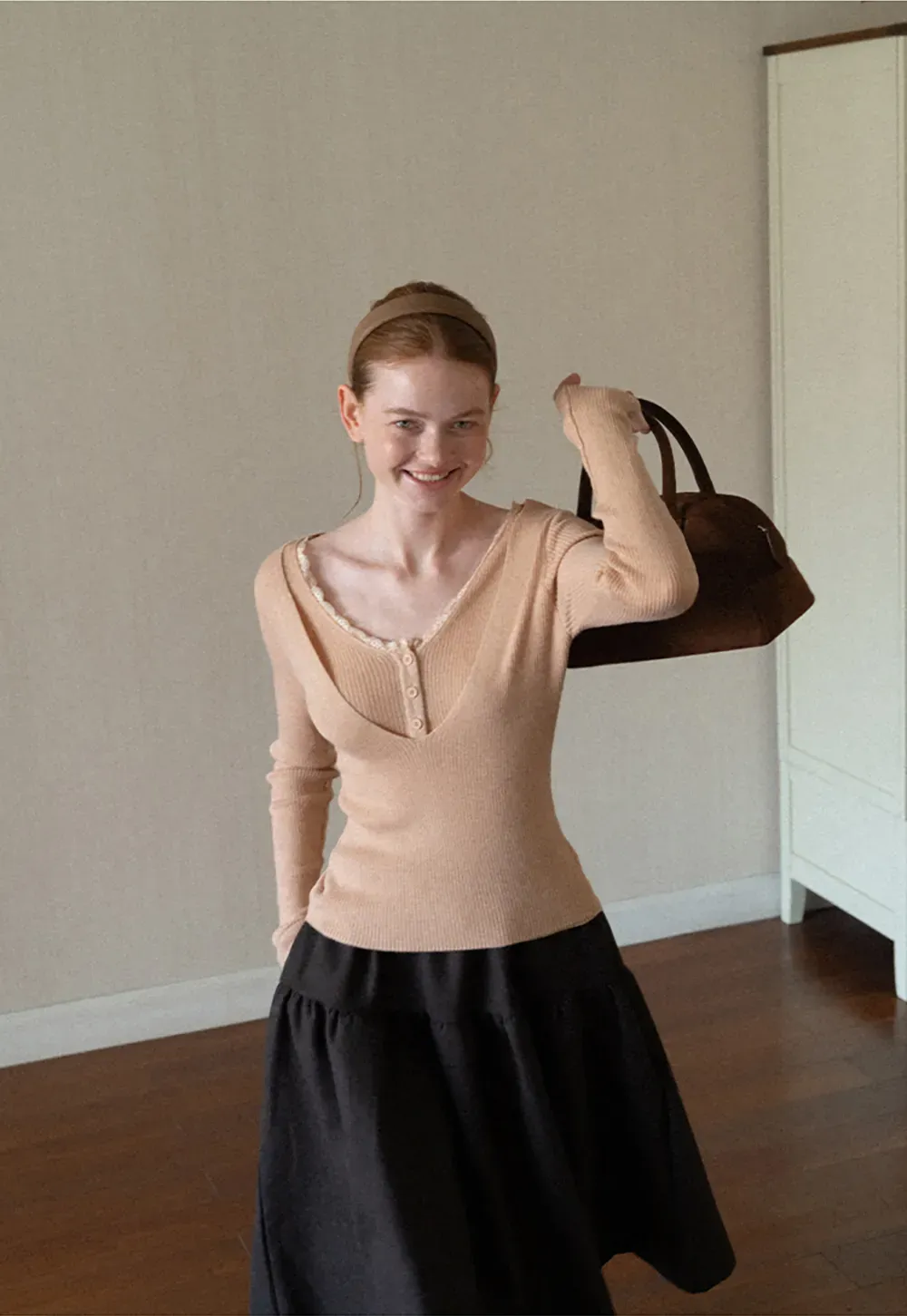 Lace Trim V Neck Ribbed Knit Sweater