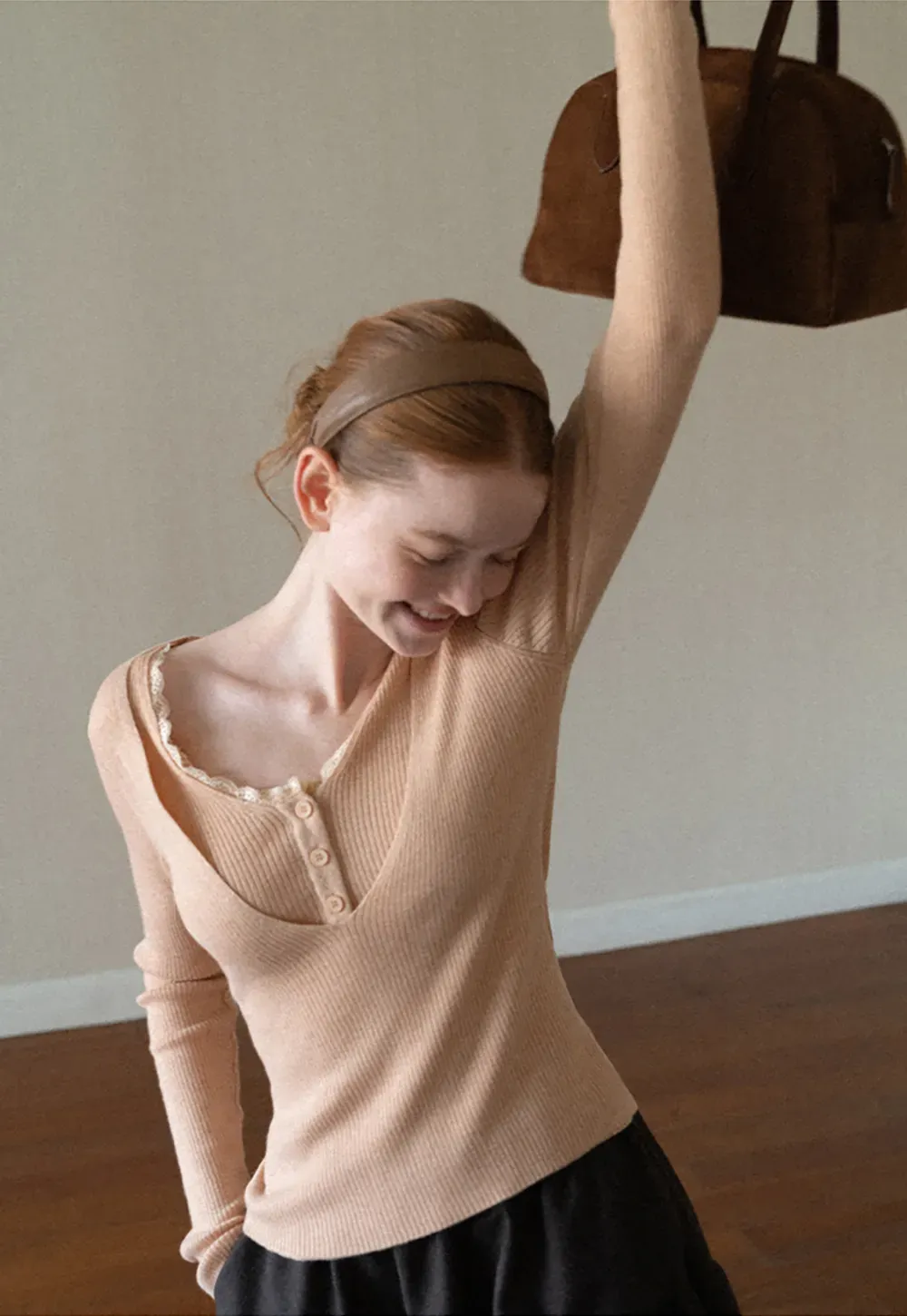 Lace Trim V Neck Ribbed Knit Sweater