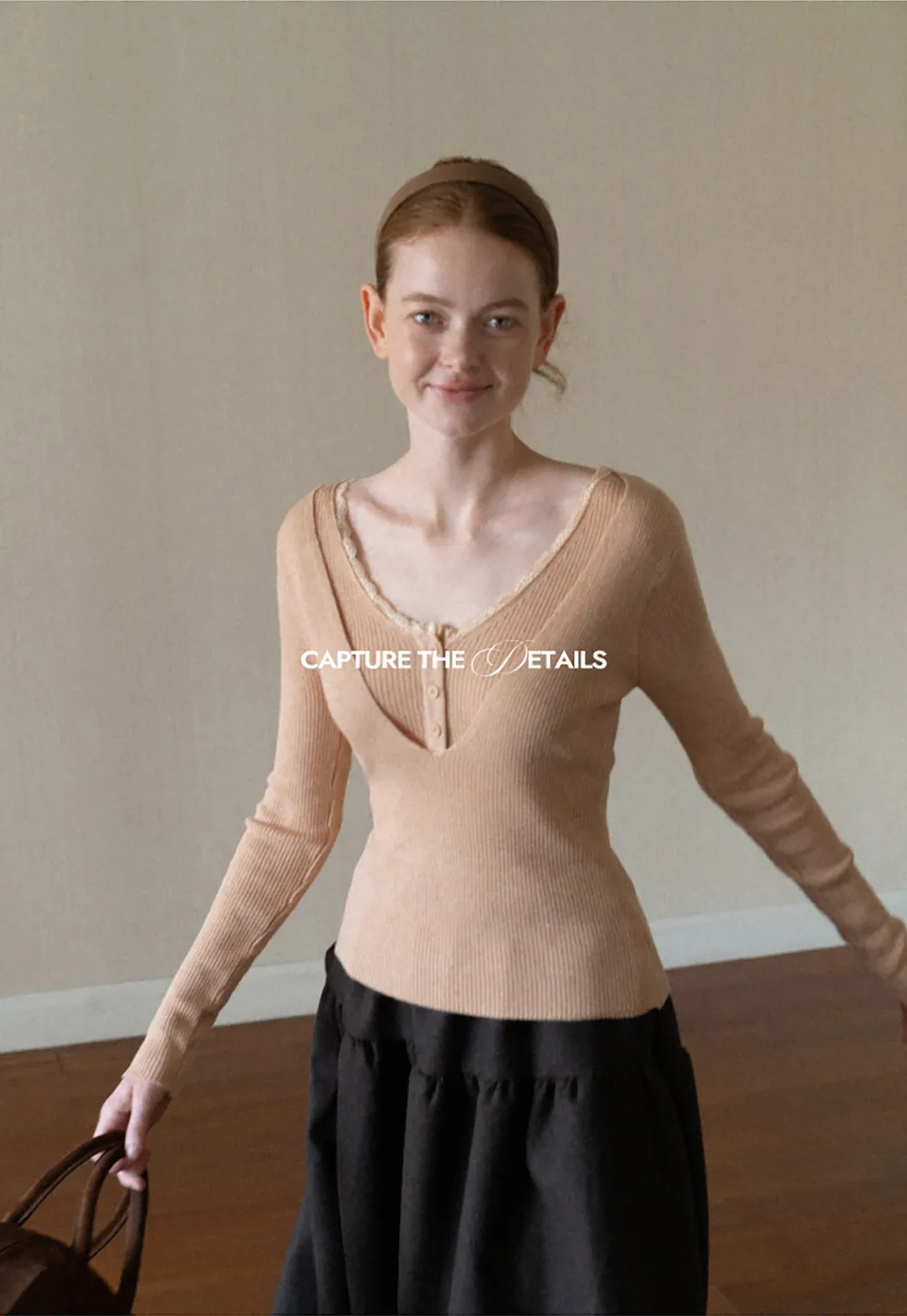 Lace Trim V Neck Ribbed Knit Sweater