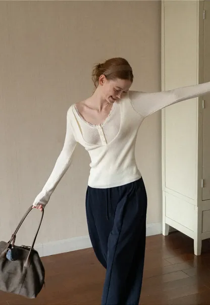 Lace Trim V Neck Ribbed Knit Sweater