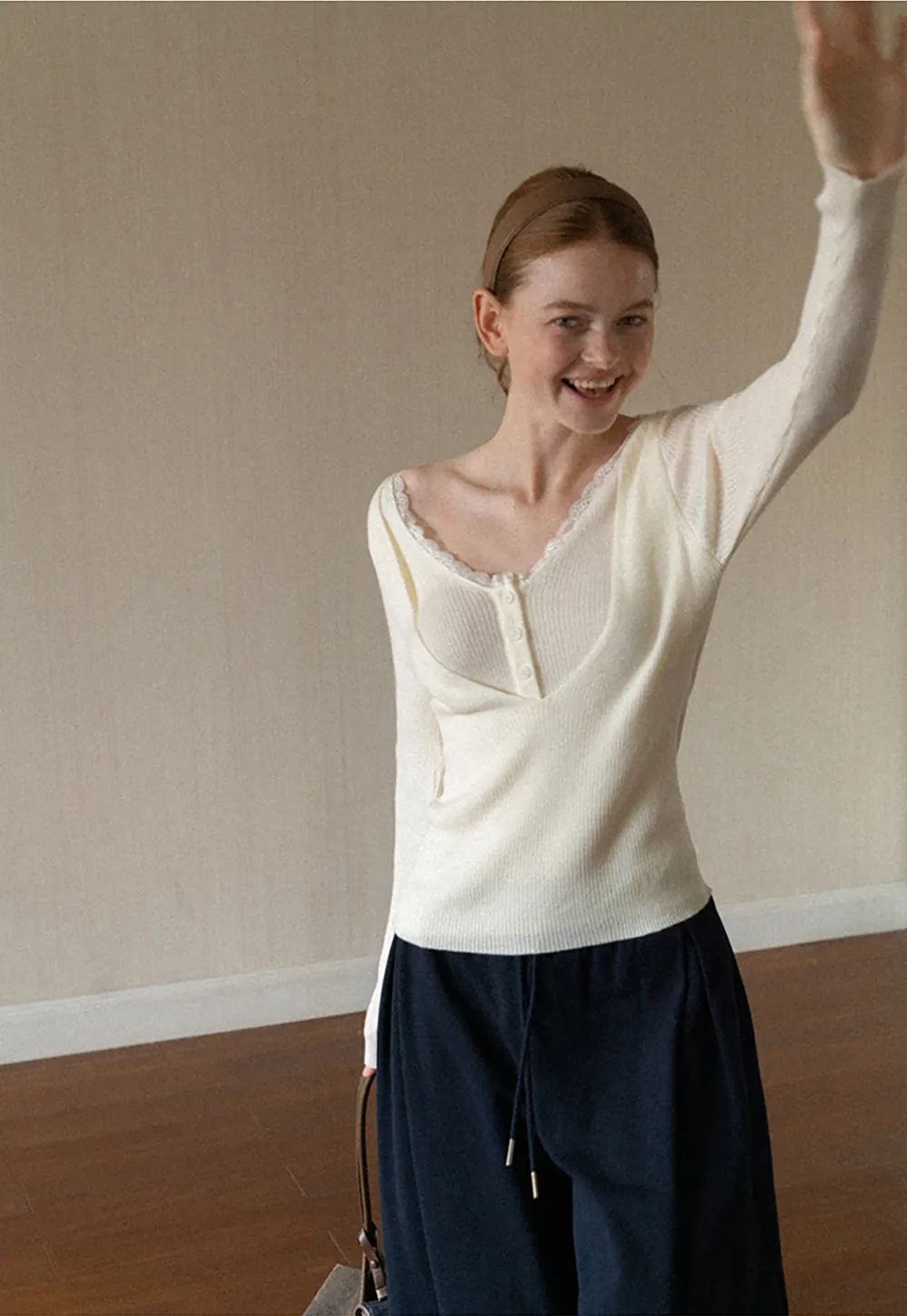 Lace Trim V Neck Ribbed Knit Sweater