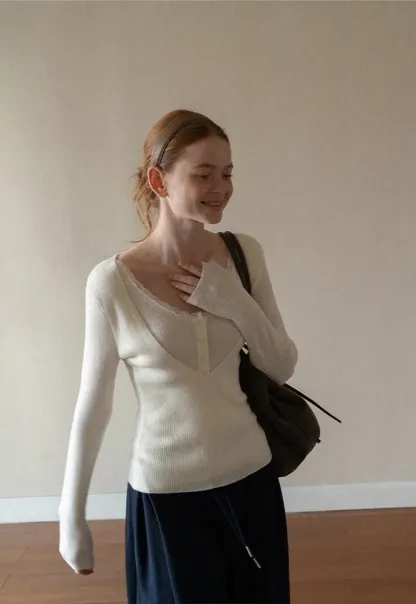 Lace Trim V Neck Ribbed Knit Sweater