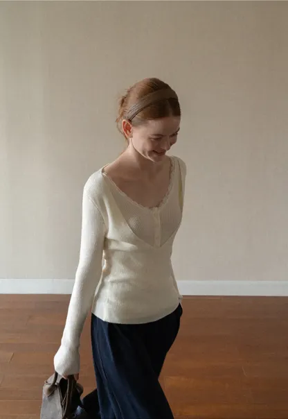 Lace Trim V Neck Ribbed Knit Sweater