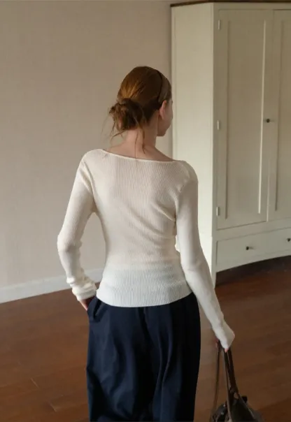 Lace Trim V Neck Ribbed Knit Sweater