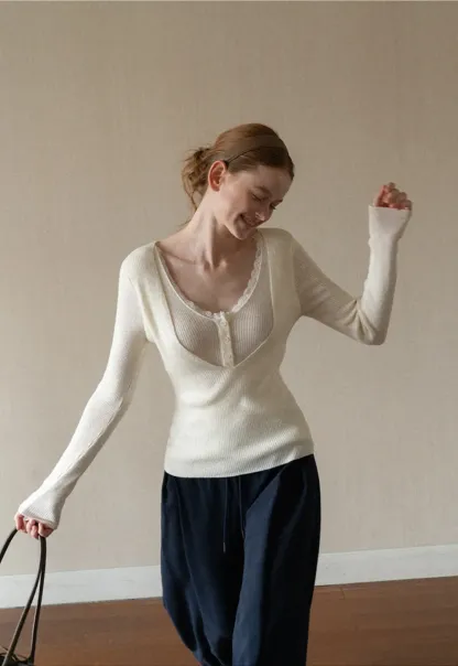 Lace Trim V Neck Ribbed Knit Sweater