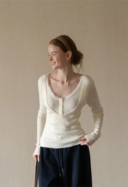 Lace Trim V Neck Ribbed Knit Sweater