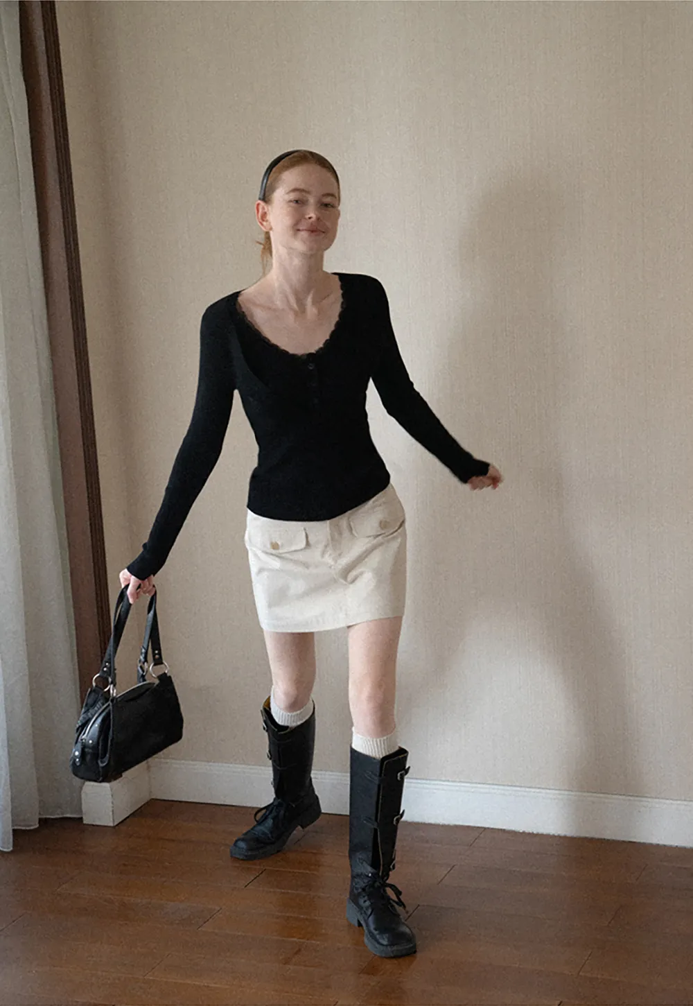 Lace Trim V Neck Ribbed Knit Sweater