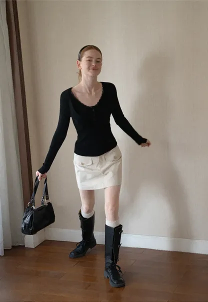 Lace Trim V Neck Ribbed Knit Sweater