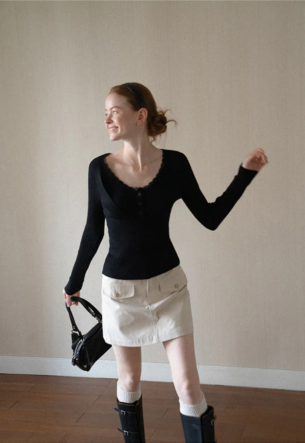 Lace Trim V Neck Ribbed Knit Sweater