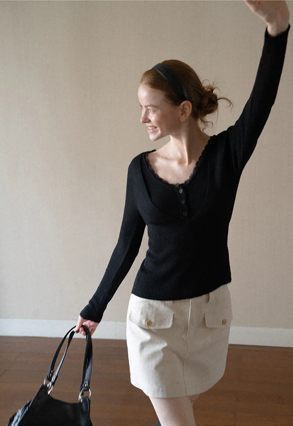 Lace Trim V Neck Ribbed Knit Sweater