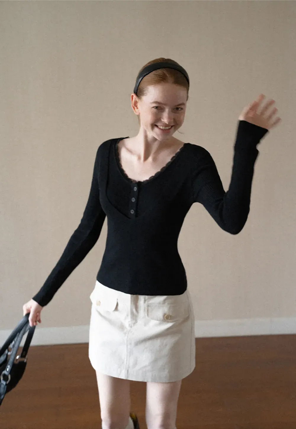 Lace Trim V Neck Ribbed Knit Sweater