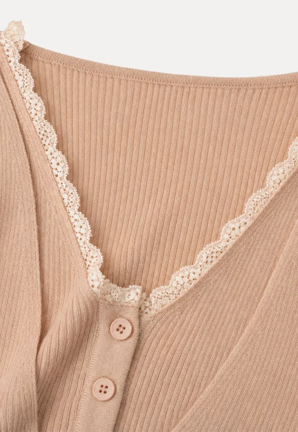 Lace Trim V Neck Ribbed Knit Sweater