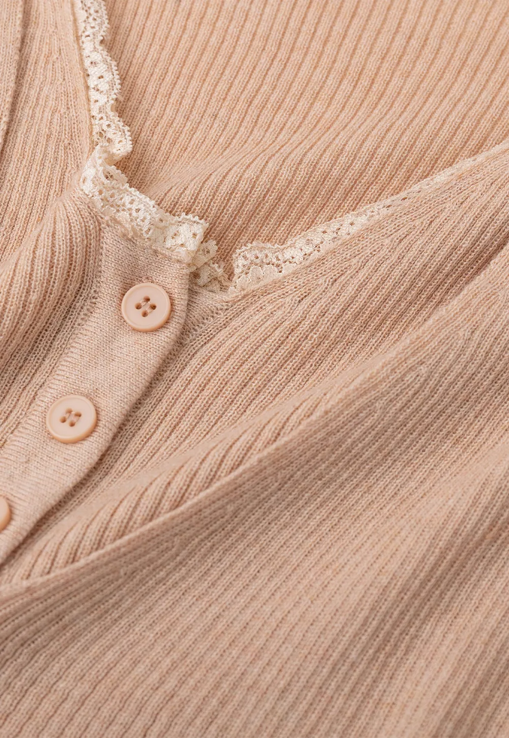 Lace Trim V Neck Ribbed Knit Sweater