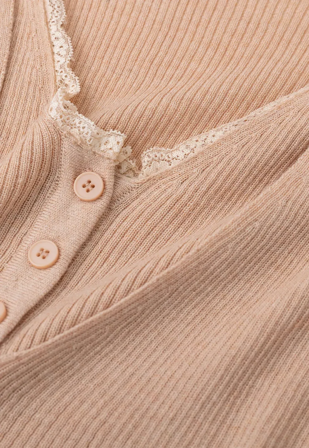 Lace Trim V Neck Ribbed Knit Sweater