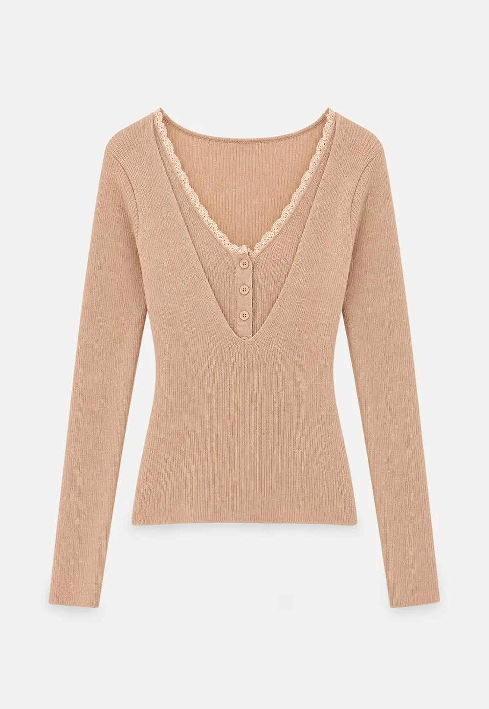 Lace Trim V Neck Ribbed Knit Sweater