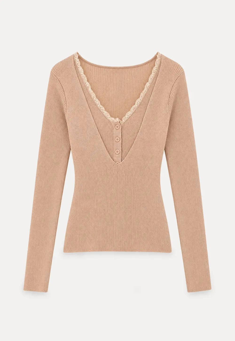 Lace Trim V Neck Ribbed Knit Sweater
