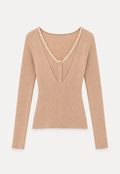 Lace Trim V Neck Ribbed Knit Sweater