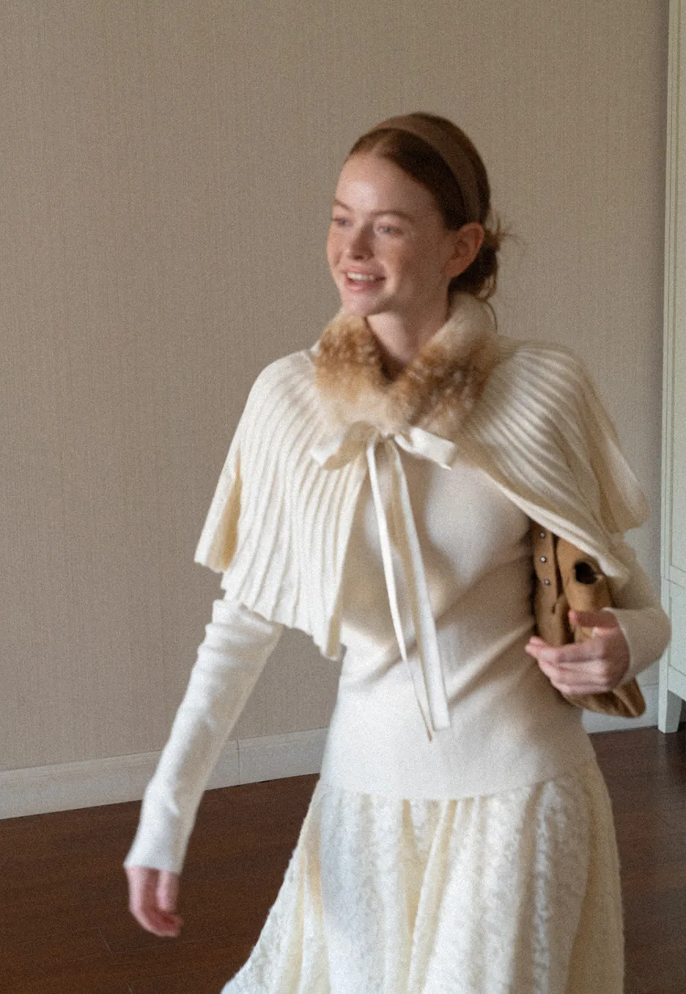 Fur Trimmed Ribbed Knit Cape Sweater